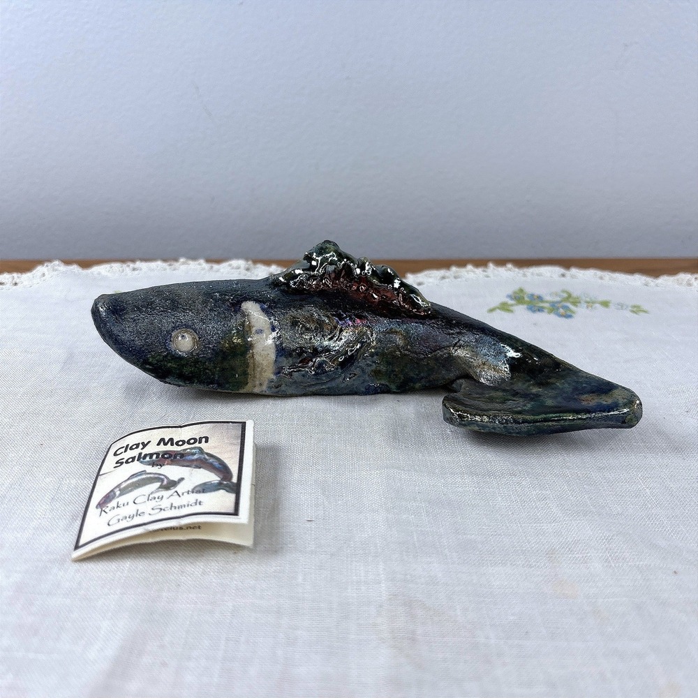 Gayle Schmidt Clay Moon Studio Raku Salmon Pottery Fish Sculpture Signed